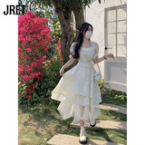 Jret法式名媛风方领连衣裙女夏季2025新款收腰显瘦设计感公主裙子 杏色方领连衣裙 S
