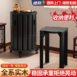 启励实木凳子可叠放家用叠叠凳组合客厅餐凳新中式可移动收纳圆凳子 【复古黑】实木移动款圆凳-5件套