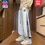 NODE SPORTS品牌联名休闲裤男春夏季新款刺绣拼接运动长裤宽松百搭束脚裤子男 米色（H） XL （建议130-150斤）