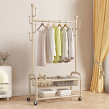 木樽多功能挂衣架落地卧室衣帽架客厅阳台单杆晾衣服移动收纳置物衣架 80cm奶油白 双层网篮+6钩+轮子