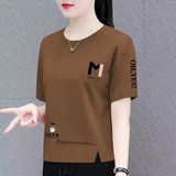 喜亮颜纯棉短袖t恤女2025夏季宽松半袖体恤衫韩版百搭印花上衣打底衫女 咖色【龙猫】 2XL 建议120-140斤