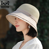 猫人渔夫帽女夏季防晒帽防紫外线女士遮阳帽太阳帽子草帽大头围新款 米色 均码