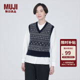 无印良品（MUJI）女式 美利奴羊毛 图案编织 V领背心 马甲针织衫休闲百搭 BA1ODA3A 藏青色图案 M（160/84A）