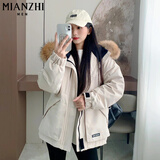 棉致加厚工装连帽棉服女新款宽松派克服棉衣外套女面包服羽棉袄绒服 X809米色【高品质80】 L 125-145斤