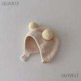 SKONWAT婴儿帽子秋冬季小月龄可爱超萌保暖男女宝宝护耳毛绒套头帽纯色潮 球球-米色