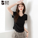别语修身t恤女夏季新款收腰正肩显瘦内搭V领短袖上衣 黑色 XL 
