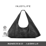 INJOYLIFE牛仔系列丹宁气囊包骑行斜挎包复古轻便旅行包大容量单肩包 黑灰 大包