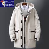 啄木鸟（TUCANO）冬季中长款羽绒服男士大码白鸭绒连帽羽绒服男青年保暖外套男上衣 059中长款米白 2XL (140-160斤）