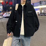 雅鹿春秋季宽松外套男士潮流港风夹克男装街头休闲大码上衣服外衣 石墨黑【黑色】 L 推荐90-120斤