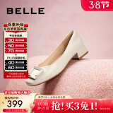 百丽（Belle）方扣高跟鞋女商场同款干练浅口单鞋Z8B1DCQ3预售 米白 36 (230mm)