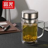 富光 茶杯玻璃杯带把手双层水杯男过滤网办公男女士耐高温泡茶水杯子 钢本色【钢盖+加厚杯底】 380ml