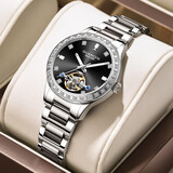 冠琴（GUANQIN）瑞士认证手表女士全自动机械表气质夜光防水女表圣诞节礼物送女友 镂空飞轮钢带本黑