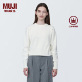 无印良品 MUJI 女式 棱纹编织 圆领短款针织衫 长袖女款 女装 薄款毛衣 米白色 S (155/80A)