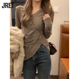 Jretins风下摆V领t恤女垫肩纯欲上衣修身显瘦弹力内搭长袖打底衫女春 咖色 L