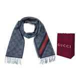 GUCCI 古驰 Gucci围巾 男女情侣款羊毛双G时尚长款围巾 专柜礼袋款 深蓝色4068