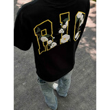 灿图黑色欧美复古重磅纯棉短袖t恤男夏季潮流刺绣宽松五分半截袖上衣 黑色 XL