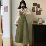 斤慕法式复古假两件连衣裙2025早秋气质森系连衣裙赫本风长裙子女七夕 绿色S