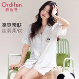 欧迪芬【缎面凉感冰丝】女士睡衣女夏季轻薄透气可外穿家居服套装熊猫L