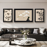 集简季中古风客厅装饰画沙发背景墙挂画复古竹子三联挂画