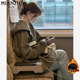 棉致美式复古慵懒风连帽开衫卫衣短外套女春秋冬季新款加绒宽松显瘦 灰绿色【030常规高品质28.5】 L 110-125斤