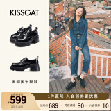 KISSCAT接吻猫女鞋[奥利奥]厚底乐福鞋女秋冬季新款百搭系带JK真皮小皮鞋 黑色牛皮革 36