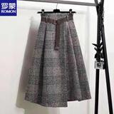 罗蒙（ROMON）大码毛呢格子半身裙女秋冬a字裙中长款不规则高腰加厚长裙子伞裙 灰色 L 建议120-140斤