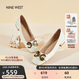 NINE WEST/玖熙低跟单鞋牛漆皮浅口方头金属饰扣工作女鞋N112010039 米白38