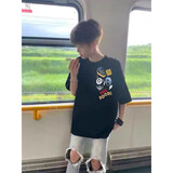尚德光美式国潮牌纯棉重磅短袖t恤男夏季宽松五分半袖ins高街打底体恤衫 DOODS-黑色 XL (建议120-140斤)