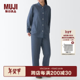 无印良品 MUJI 女式无侧缝双层纱织睡衣纯棉全棉 FDA20C1A 女士家居服套装 藏青色X图案 S-M