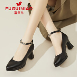 富贵鸟（FUGUINIAO）头层牛皮单鞋女2024新款高跟鞋粗跟通勤软底面试礼仪鞋浅口女鞋子 黑色 37