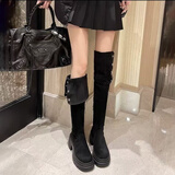 黑色长筒靴女2026新款春季厚底过膝靴绒面长靴高筒骑士靴女靴 黑色（升级专柜品质） 37