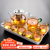 瓷牌茗茶具（cipaiming teaset） 透明玻璃茶具整套套装家用功夫茶壶茶杯会客泡茶器 透明八骏6彩杯+绿柄公杯+小长方