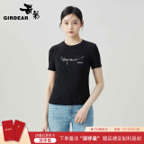 哥弟（GIRDEAR）细坑条深呼吸字母印花圆领套头修身短袖T恤女1300896 黑 XL (5码)