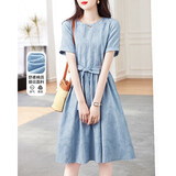 德玛纳（dme）【棉质暗提花a字裙】夏圆领短袖腰带连衣裙女中长款