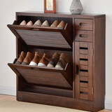 家逸实木鞋柜收纳柜一体现代简约玄关柜整装翻门门厅储物柜胡桃色两层