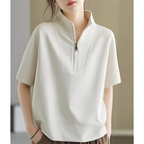 麦雪人【凉感型】优质棉短袖t恤女2025夏季新款立领半拉链宽松显瘦上衣 米卡色 M 95-105斤