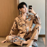 回访人春秋季冰丝睡衣男士长袖夏季宽松时尚开衫家居服套装加大码 K716#金米 XL 125-145斤