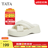 他她（TATA）云朵拖鞋黑色厚底一字带女鞋外穿松糕底凉拖新款WBS01BT3 米白 34