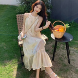 妙奕嘉海边沙滩裙度假风挂脖连衣裙纯欲2026夏季裙子女士长裙仙气吊带裙 米白郁金香挂脖连衣裙 M