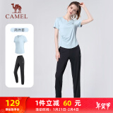 骆驼（CAMEL）户外晨跑运动服女休闲短袖两件套装 Y23BA0L6059 水波蓝/黑 XXL