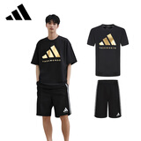 阿迪达斯运动套装男户外休闲运动服吸湿排汗速干短袖短裤两件套 黑/金 L