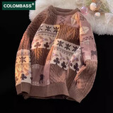 Colombass秋冬潮牌宽松毛衣男圆领提花图案加厚慵懒休闲情侣针织衫上衣 M241咖色 XL