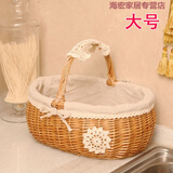 藤编收纳筐收纳篮购物篮小竹篮礼品篮柳编水果篮手提买菜篮子田园 原木色麻布大号