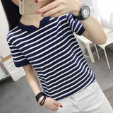 妃丽慕尚（FEILIMUSHANG）2025夏季新款正肩条纹短袖T恤女装200斤胖mm宽松显瘦半袖上衣 21藏青色 XL 建议115-130斤
