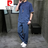 皮尔卡丹（pierre cardin）中国风男装套装夏季薄款唐装汉服两件套中式棉茶禅居士服潮 藏青色 XL 参考体重125-140斤