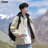 POUM潮牌连帽皮衣外套男士秋冬款高级感痞帅休闲夹克2885杏色M