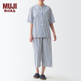 无印良品（MUJI）女式 无侧缝泡泡纱短袖睡衣女士家居服套装夏季纯棉全棉 FDB04C2S 深藏青色条纹 M