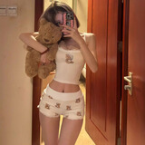 俞兆林少女纯欲小熊吊带带胸垫睡衣女春夏新款修身性感背心短裤家居服