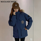 MUCILAGEKNOW情侣极寒中长款羽绒服男女大毛领潮流鹅保暖外套男户外工装派克服 藏青色-女款 M （建议105-120斤）