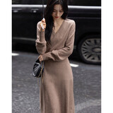 德玛纳【兰因壁月】春秋云柔美物名媛V领交叉收腰A字藏肉女式连衣裙